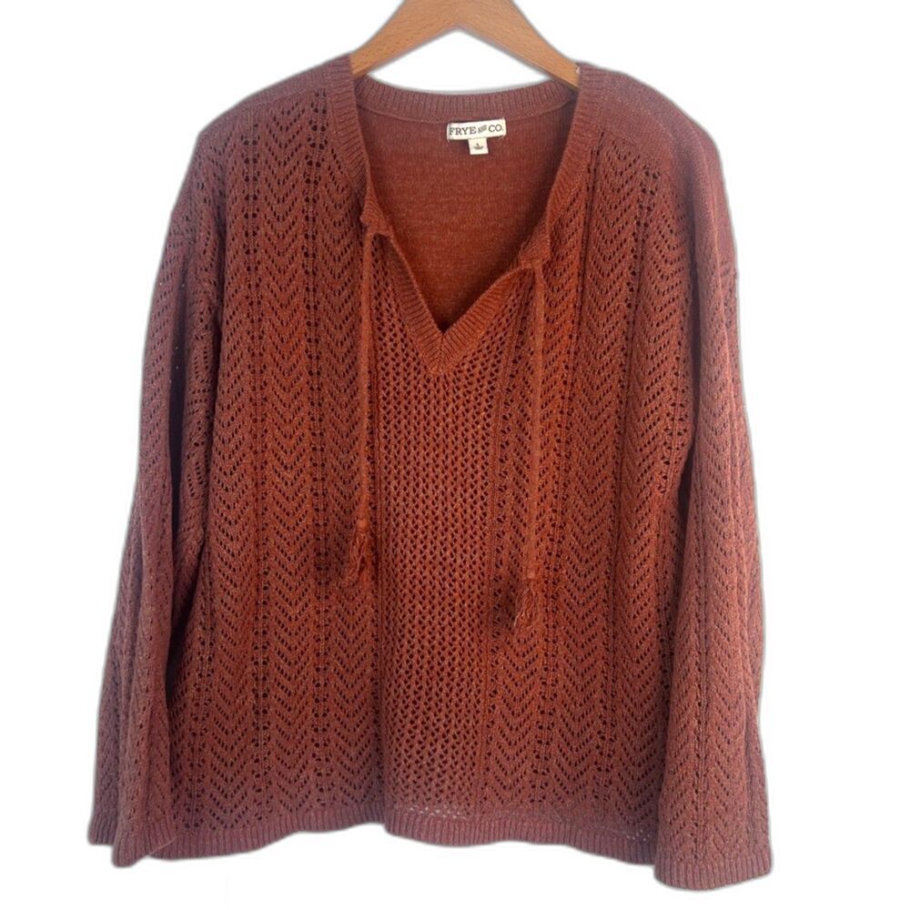 Frye & Co. Orange Open Weave Knit Tassel Vneck Long Sleeve Sweater Large